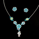LUX Blue Enamel Flowers w/ Swarovski Rhinestones Necklace Earrings Set
