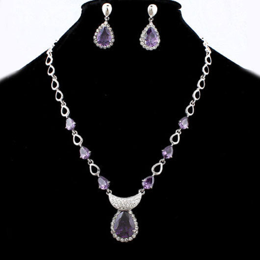 LUX Violet Swarovski Rhinstone Teardrop Bridal Necklace Earring Set