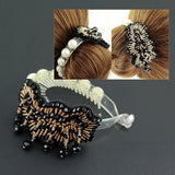 Comb Style Bun Wrap with Fringed Bead Embroidery Piece Black