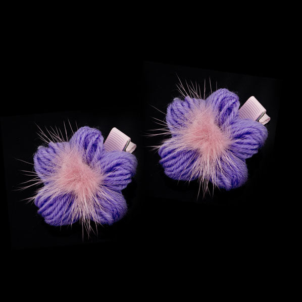 Lilac Yarn Flower Hair Clips with Fur [Pair]