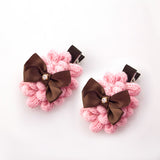 Knitted Tan Yarn Flower Hair Clips with Bow [Pair]