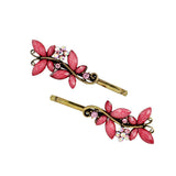 Antique Brass Rhinestone Flower & Butterflies Hair Clips Pink [Pair]
