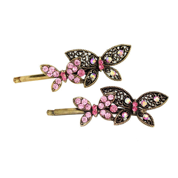 Pink Rhinestone Butterflies Antique Brass Hair Clips [Pair]