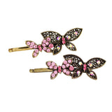 Pink Rhinestone Butterflies Antique Brass Hair Clips [Pair]