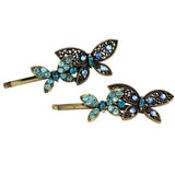 Blue Rhinestone Butterflies Antique Brass Hair Clips [Pair]