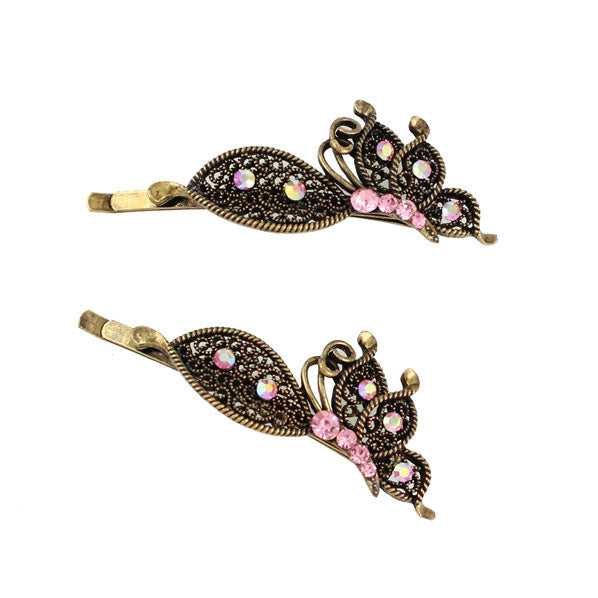 Antique Brass Rhinestone Butterfly Hair Clips Pink [Pair]