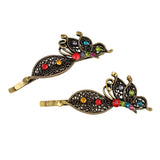 Antique Brass Rhinestone Butterfly Hair Clips Multi-colored [Pair]