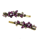 Purple Flower Antique Brass Hair Clips w/ Rhinestones [Pair]