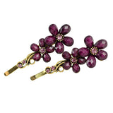 Antique Brass 2 Flowers Hair Clips w/ Rhinestones Purple [Pair]