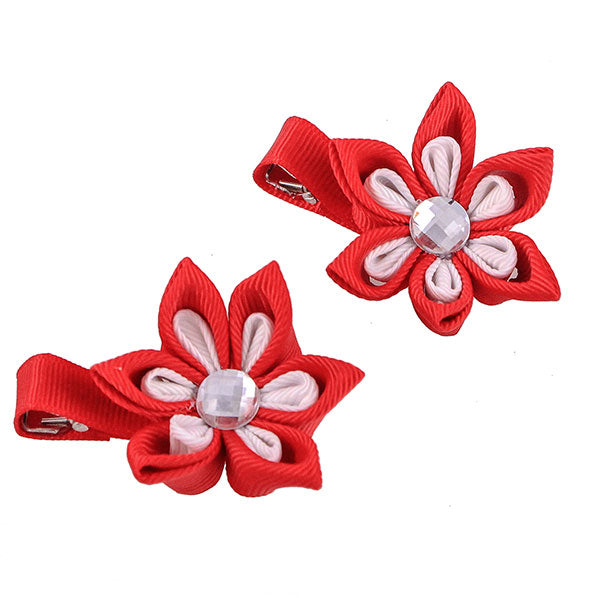 Kanzashi Flower Double Petal 4th of July Patriotic Hair Clip Red White [Pair]