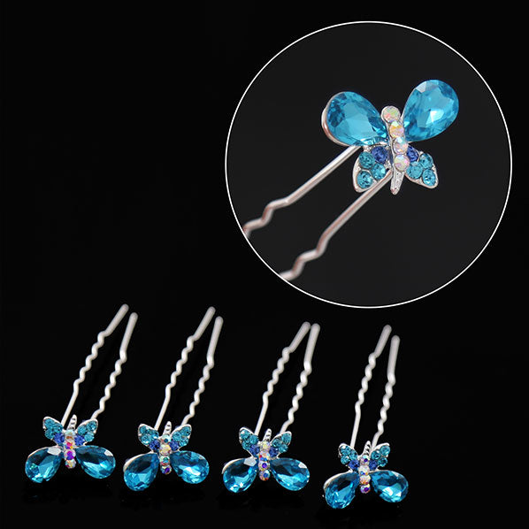 Silver Finish Champagne Rhinestone Butterfly 2-prong Hairpins [Set of 4]