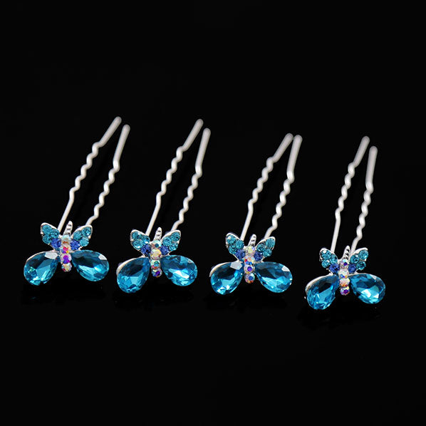 Silver Finish Rhinestone Butterfly 2-prong Hairpins [Set of 4]