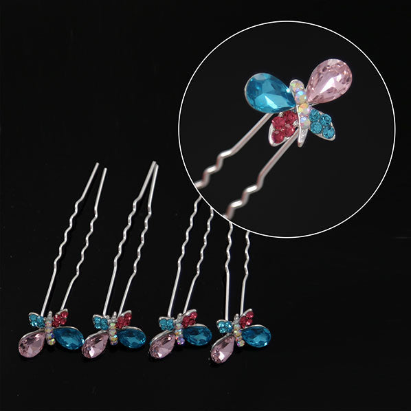 Silver Finish Colorful Rhinestone Butterfly 2-prong Hairpins [Set of 4]