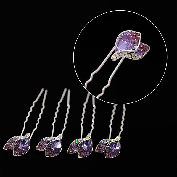 Silver Finish Clear Rhinestone Leaves 2-prong Hairpins [Set of 4]