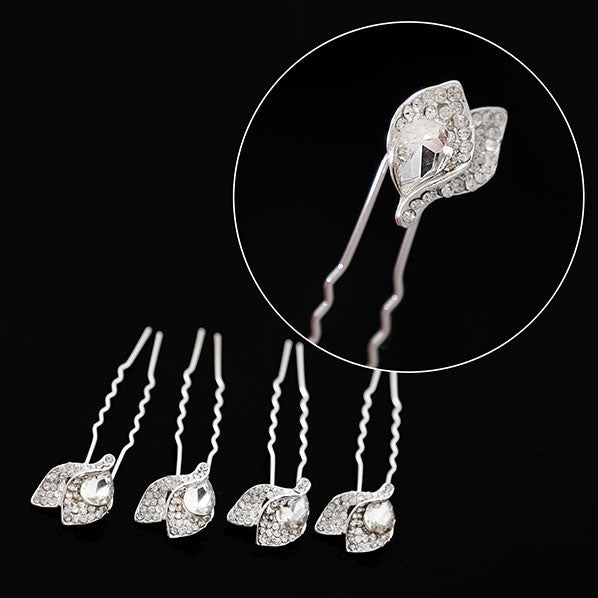 Silver Finish Lilac Rhinestone Leaves 2-prong Hairpins [Set of 4]