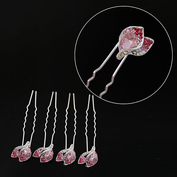 Silver Finish Pink Rhinestone Leaves 2-prong Hairpins [Set of 4]