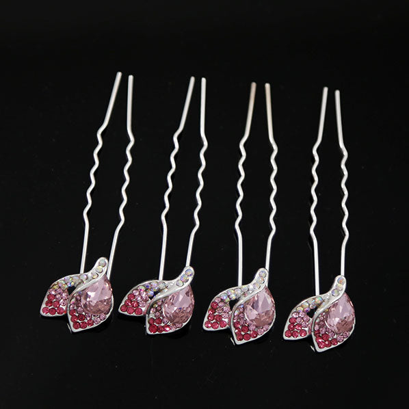 Silver Finish Rhinestone Leaves 2-prong Hairpins [Set of 4]