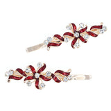 Gold Finish Enamel Flower Hair Clips with Rhinestones [pair] Red