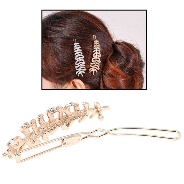 Gold Finish Fern Leaf Rhinestone Hair Clip [pc]