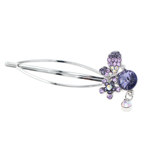 Silver Finish Rhinestone Flower & Butterfly Hair Clip w/ Dangle [pc] Lilac