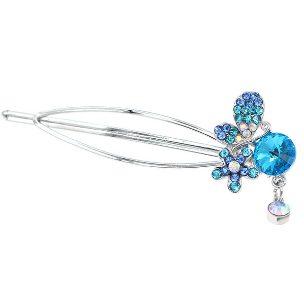 Silver Finish Rhinestone Flower & Butterfly Hair Clip w/ Dangle [pc] Blue