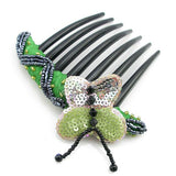 Hand Beaded Sequined French Twist Butterfly Hair Comb Green