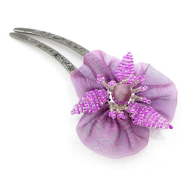 Hand Beaded Silk Flower Hair Stick Fork 4" Purple