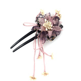 Handmade Fabric Flower 2-Prong Hair Fork with Tassels Light Purple