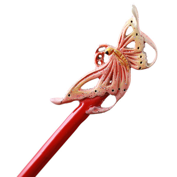 CrystalMood Handmade Carved Boxwood Hair Stick Butterfly Lacquered Gold & Pink