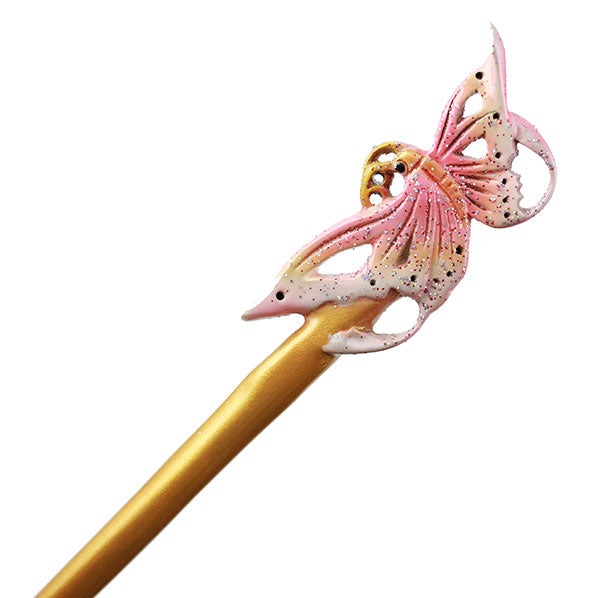 CrystalMood Handmade Carved Boxwood Hair Stick Butterfly Lacquered Red & Pink