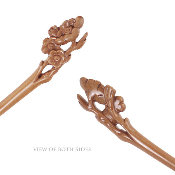 CrystalMood Handmade Carved Wood Hair Stick Plum Flowers Ebony