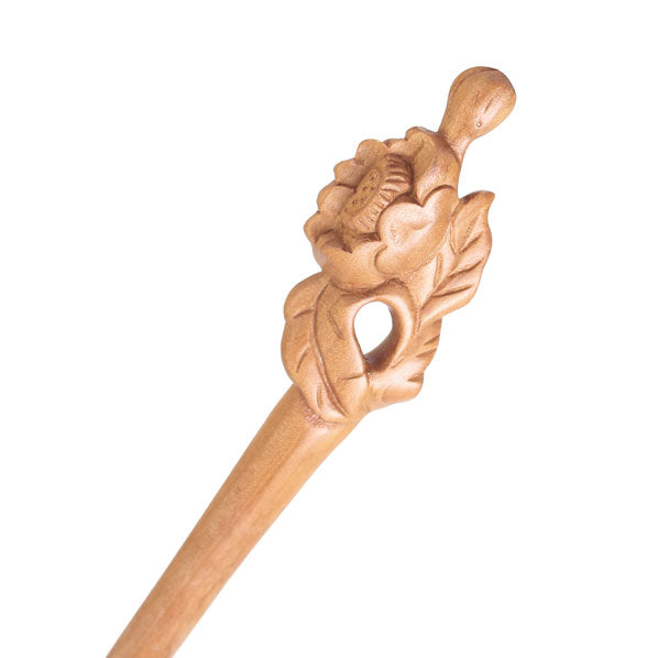 CrystalMood Handmade Carved Wood Hair Stick Begonia 6.5" Peachwood