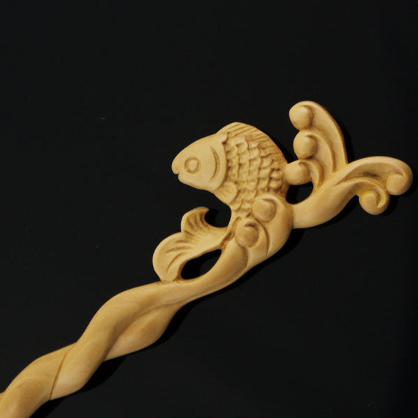 CrystalMood Handmade Carved Wood Hair Stick Carp Leap 6.75" Peachwood