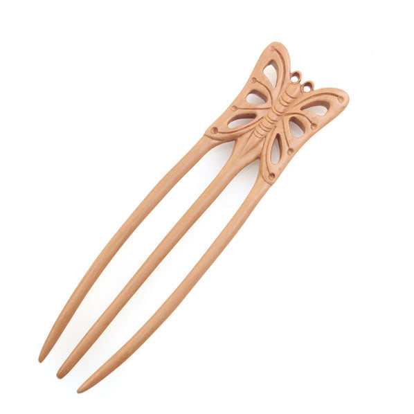 CrystalMood Handmade 3-Prong Wood Hair Stick Butterfly Peachwood