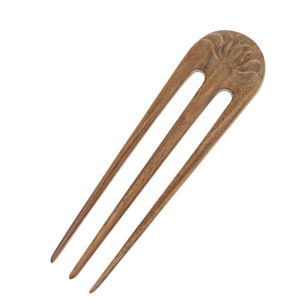 CrystalMood Carved 3-Prong Wood Hair Stick Fork Embossed Lotus Lignum-Vitae
