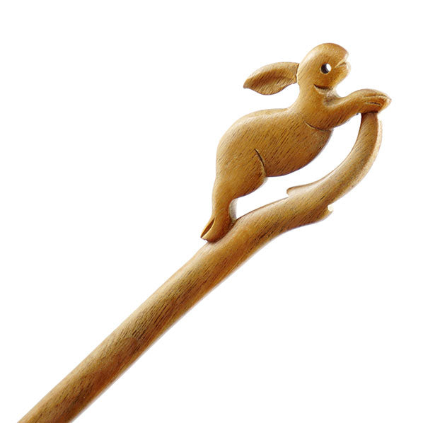 Crystalmood Handmade Carved  Ebony Wood Hair Stick Hopping Rabbit