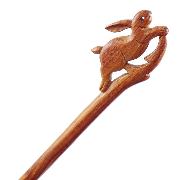 Crystalmood Handmade Carved Lignum-Vitae Wood Hair Stick Hopping Rabbit