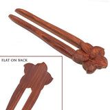 CrystalMood Handmade Carved 2-Prong Ebony Wood Flat Back Floral Hair Stick