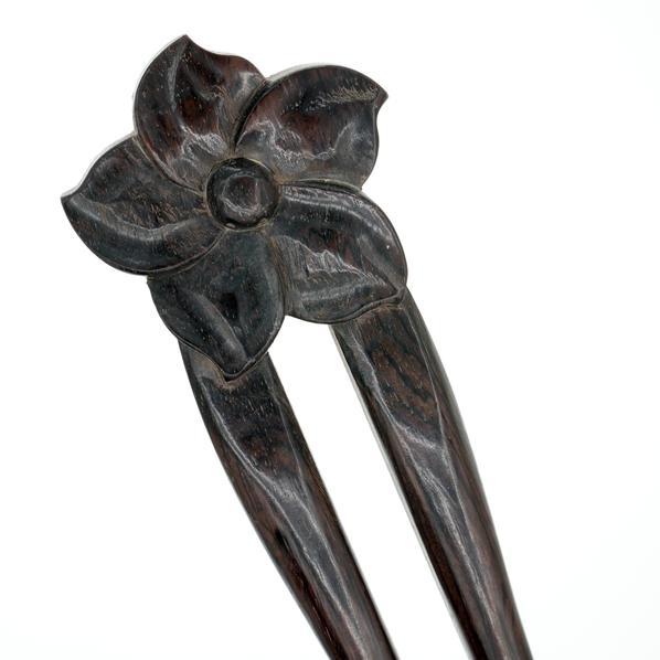 CrystalMood Handmade Carved 2-Prong Wood Flat Back Floral Hair Stick