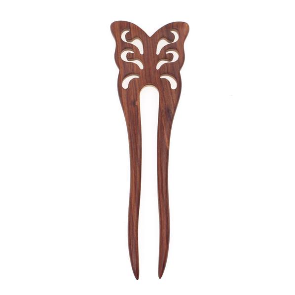 CrystalMood Carved Ebony Wood 2-Prong Butterfly Hair Stick Fork