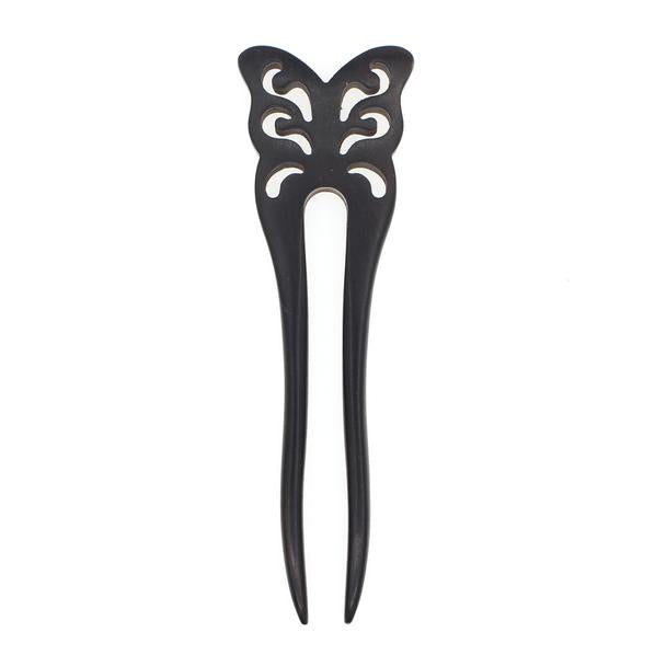CrystalMood Carved Rosewood 2-Prong Butterfly Hair Stick Fork