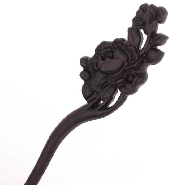 CrystalMood Carved Ebony Wood Flat-Back Peony Flowers Hair Stick
