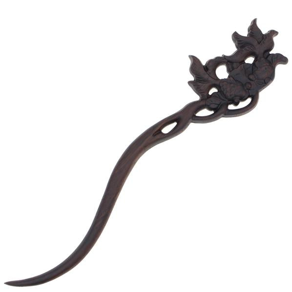 CrystalMood Carved Ebony Wood Flat-Back Golden Fishes Hair Stick