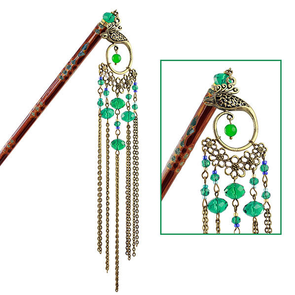 Crystalmood Ironwood Lacquered Shell Hairstick Crystal Phoenix Tassels
