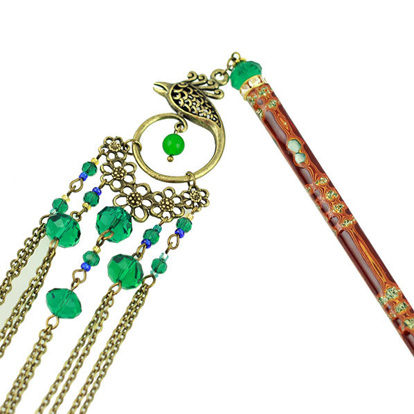 Crystalmood Shell Decorated Lacquered Ironwood Hairstick w/ Crystal & Phoenix Tassels